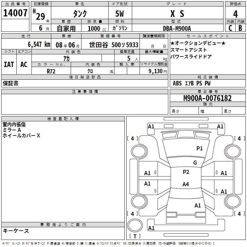 Аукционный лист TOYOTA TANK 2017