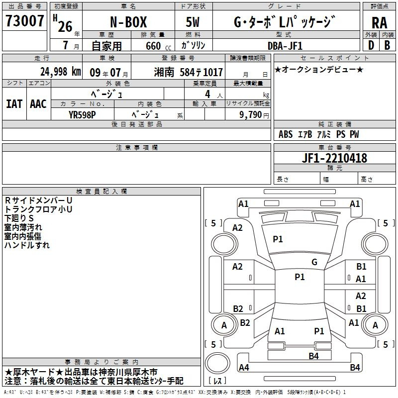 Аукционный лист HONDA N BOX 2014