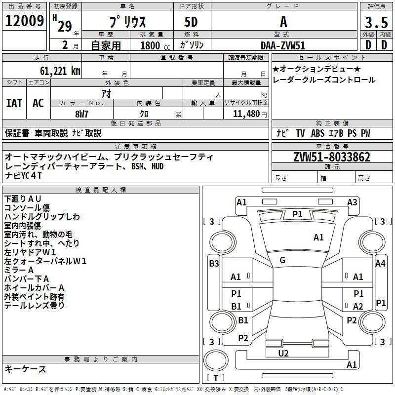 Аукционный лист TOYOTA PRIUS 2017