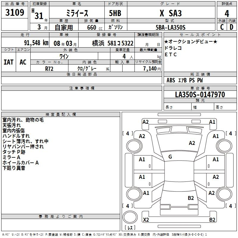Аукционный лист DAIHATSU MIRA E S 2019