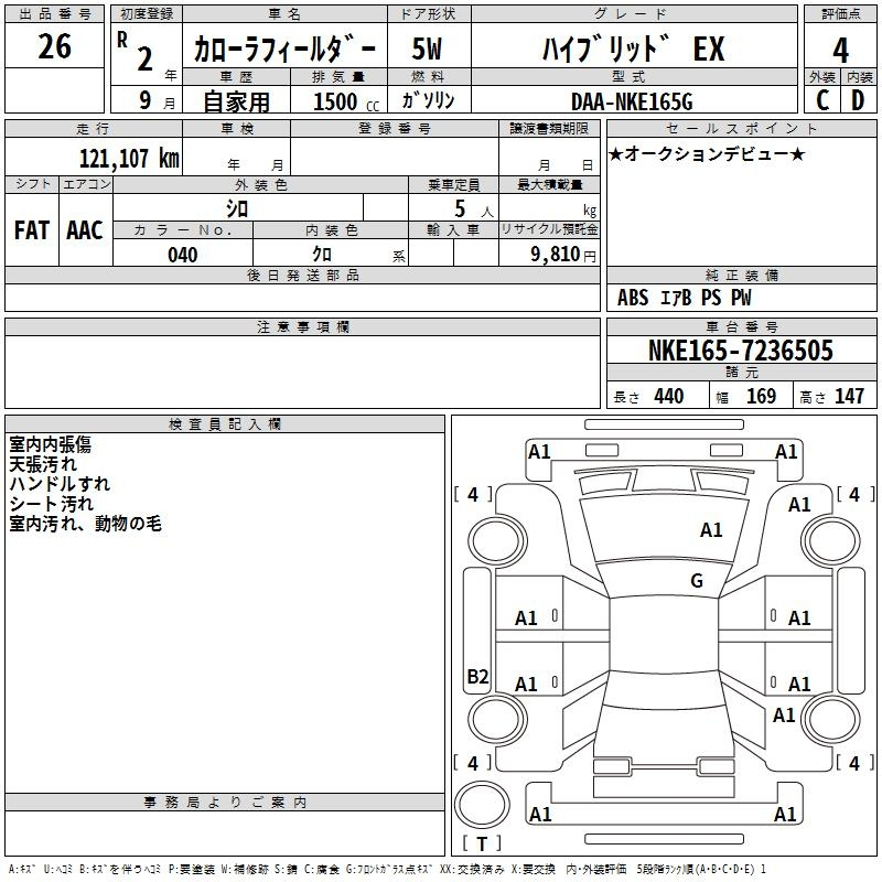 Аукционный лист TOYOTA COROLLA FIELDER 2020