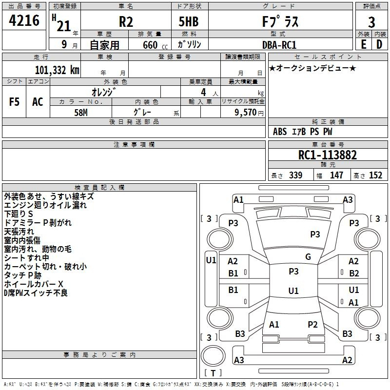 Аукционный лист SUBARU R2 2009