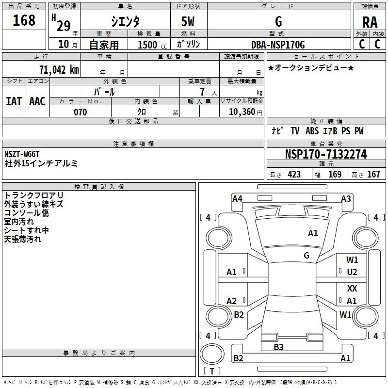 Аукционный лист TOYOTA SIENTA 2017