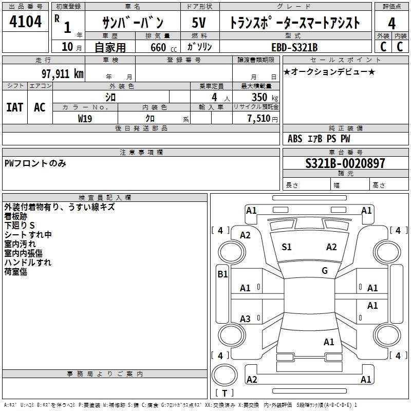 Аукционный лист SUBARU SAMBAR 2019
