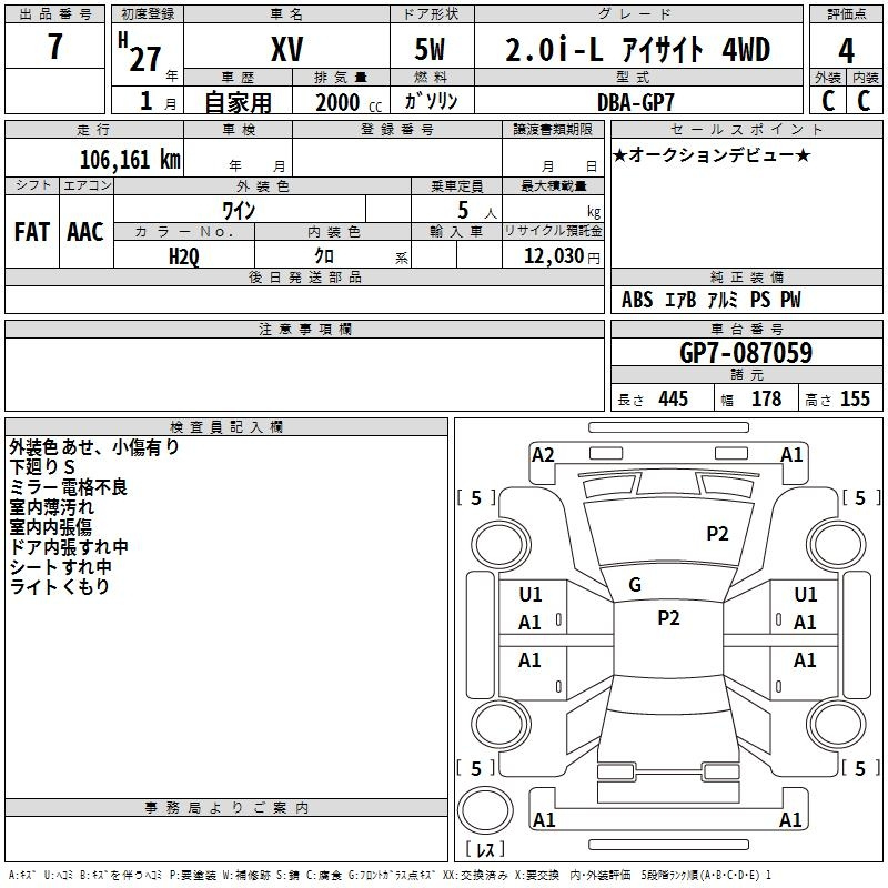 Аукционный лист SUBARU XV 2015