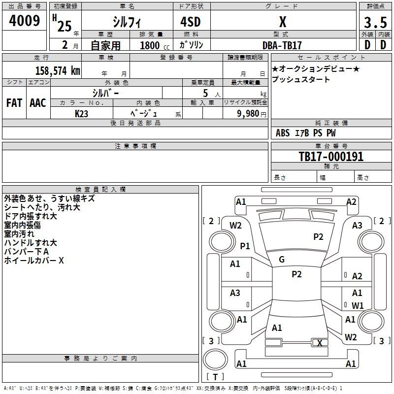 Аукционный лист NISSAN SYLPHY 2013
