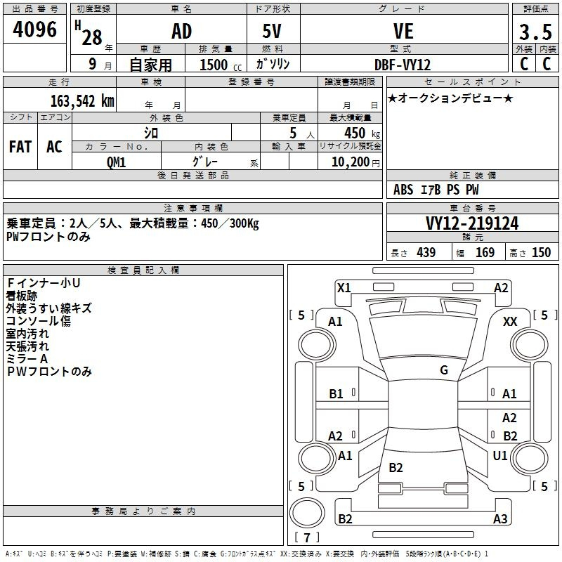 Аукционный лист NISSAN AD 2016