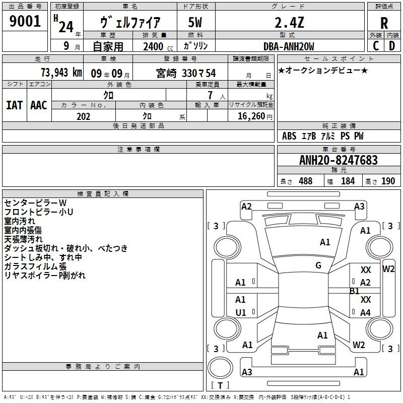 Аукционный лист TOYOTA VELLFIRE 2012