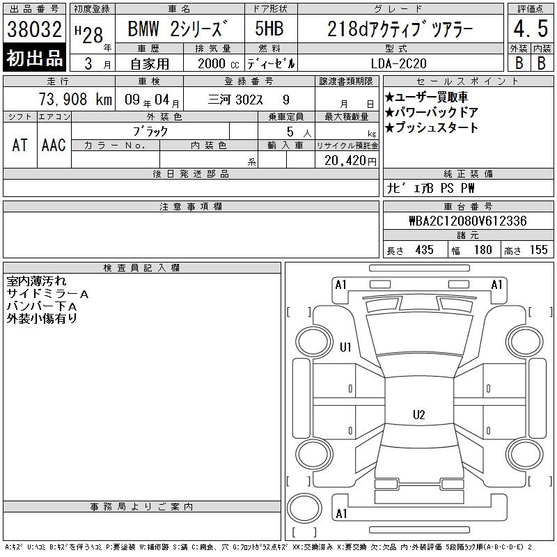 Аукционный лист BMW 2 SERIES 2016