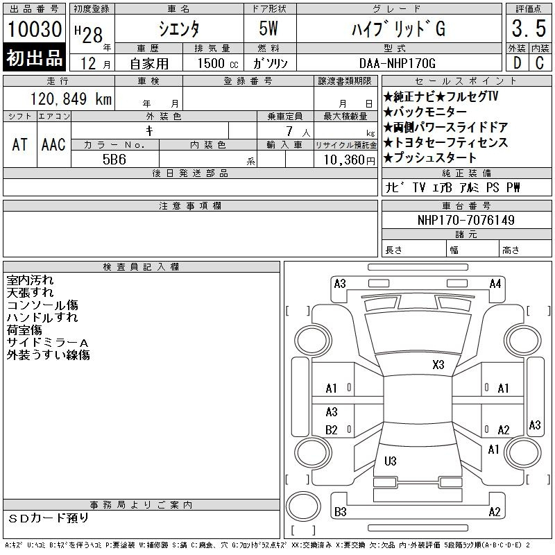 Аукционный лист TOYOTA SIENTA 2016