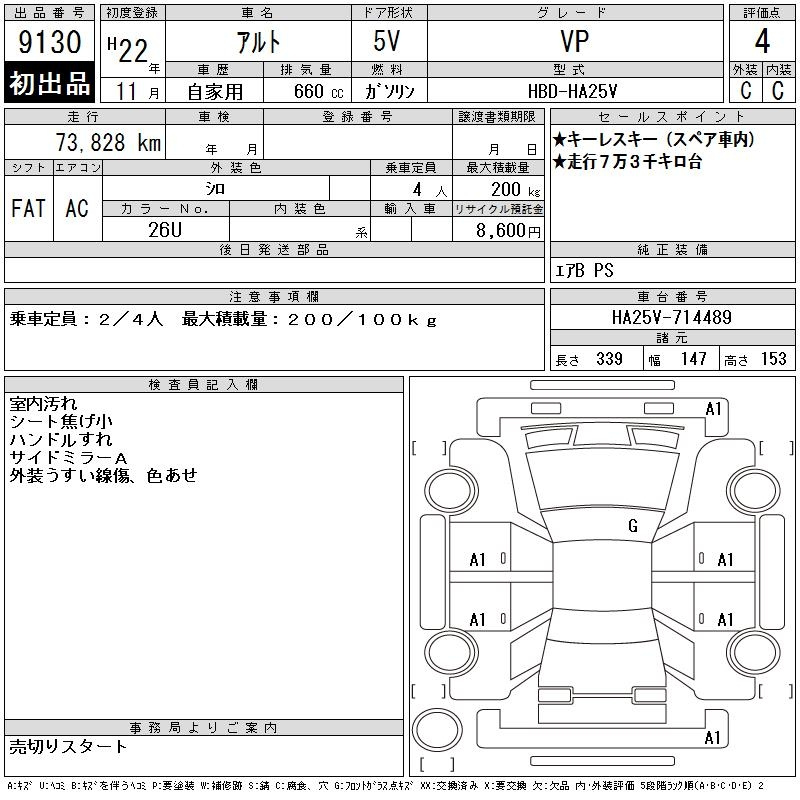 Аукционный лист SUZUKI ALTO VAN 2010