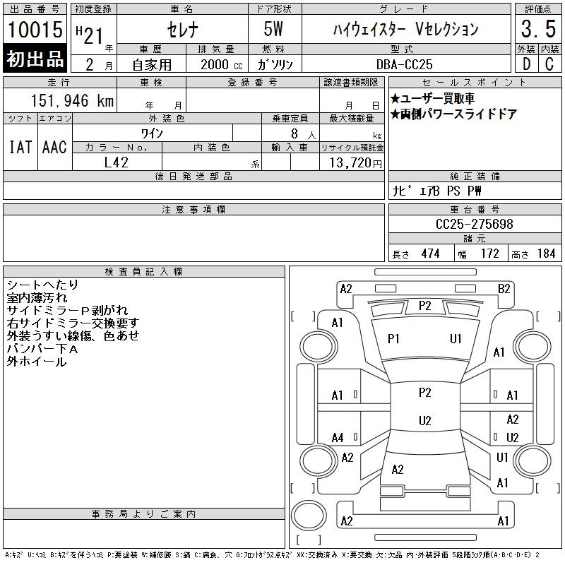 Аукционный лист NISSAN SERENA 2009