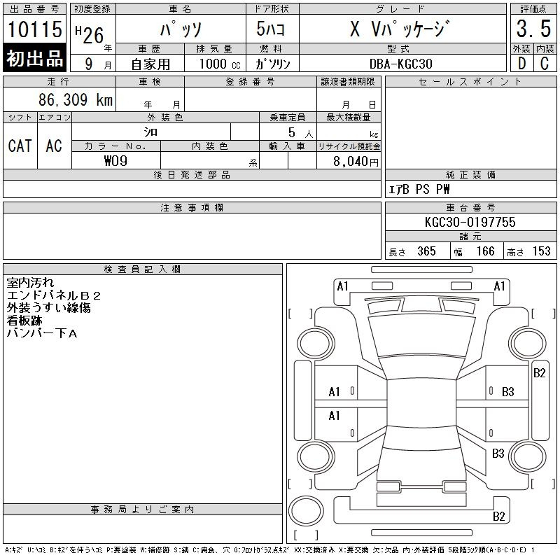 Аукционный лист TOYOTA PASSO 2014