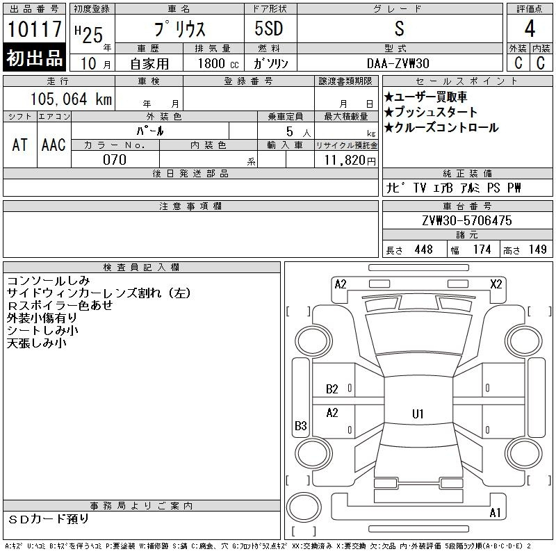 Аукционный лист TOYOTA PRIUS 2013