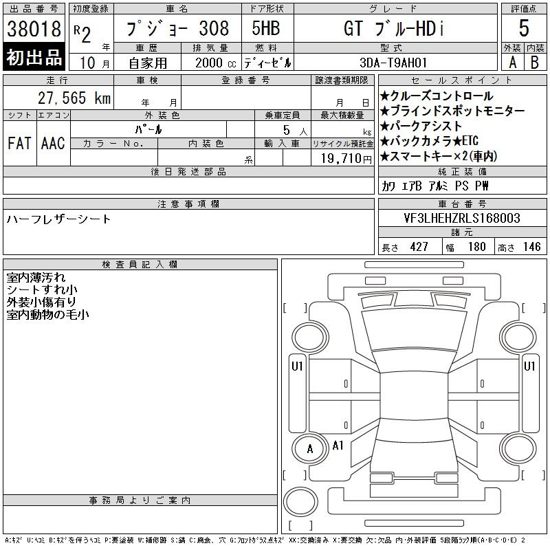 Аукционный лист PEUGEOT 308 2020