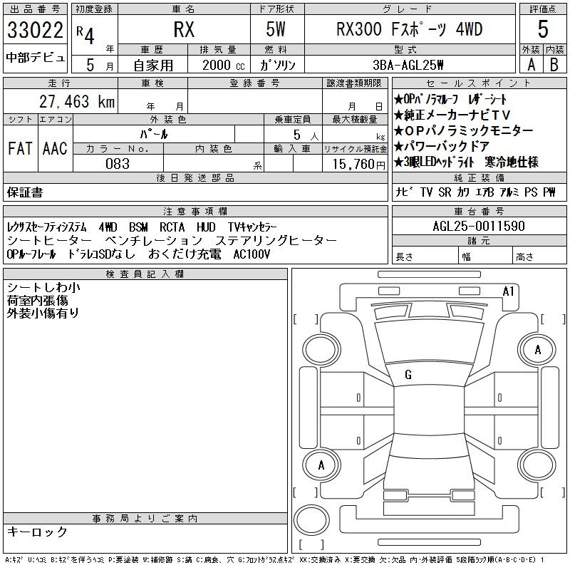 Аукционный лист LEXUS RX 2022