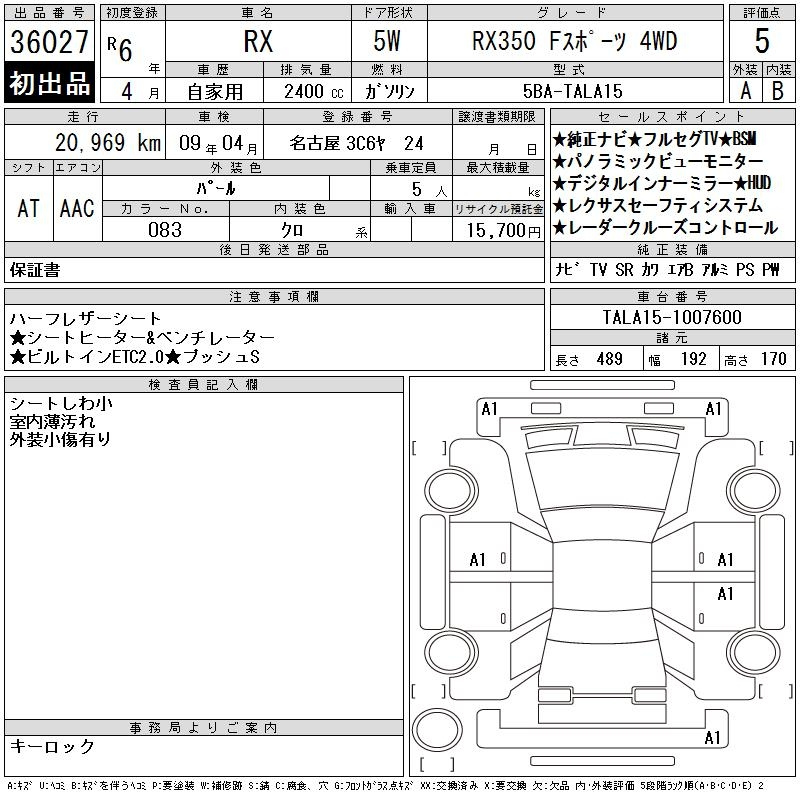 Аукционный лист LEXUS RX 2024