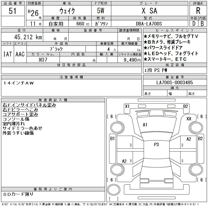 Аукционный лист DAIHATSU WAKE 2014