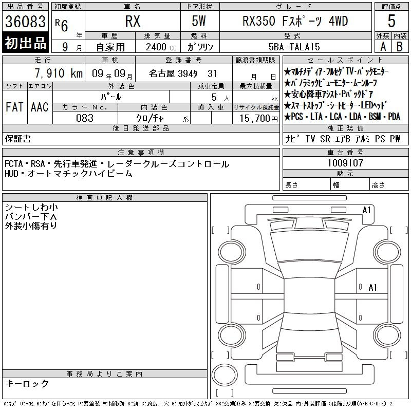 Аукционный лист LEXUS RX 2024