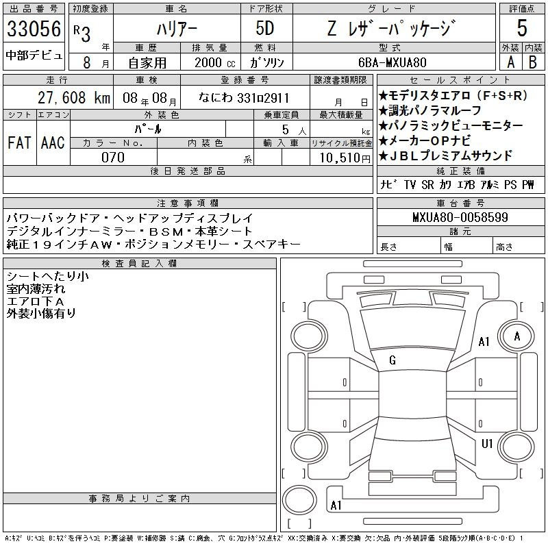Аукционный лист TOYOTA HARRIER 2021