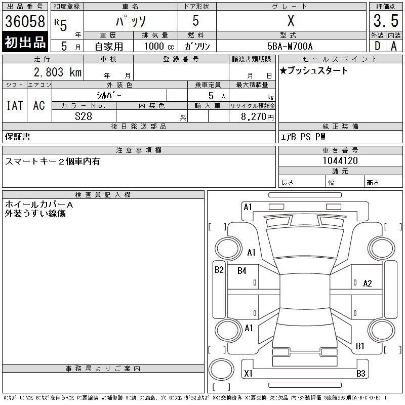 Аукционный лист TOYOTA PASSO 2023