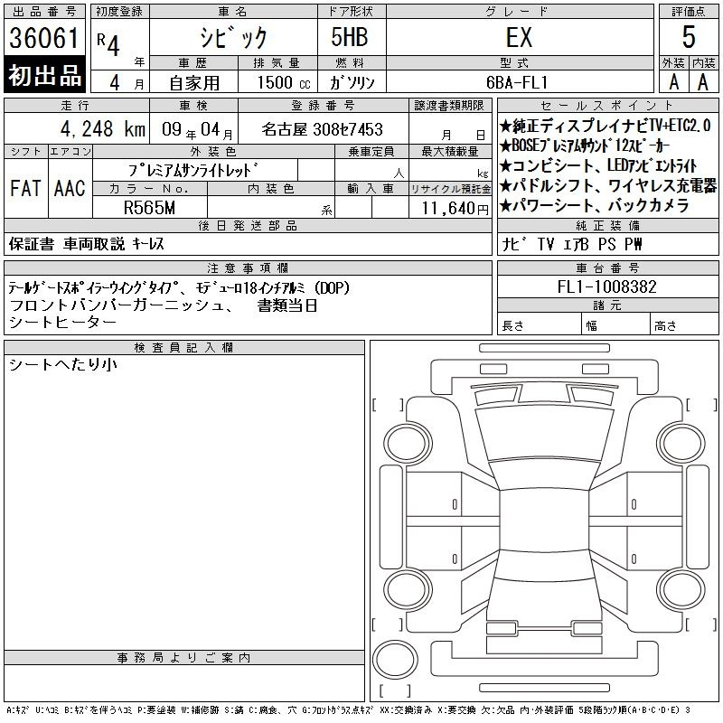 Аукционный лист HONDA CIVIC 2022