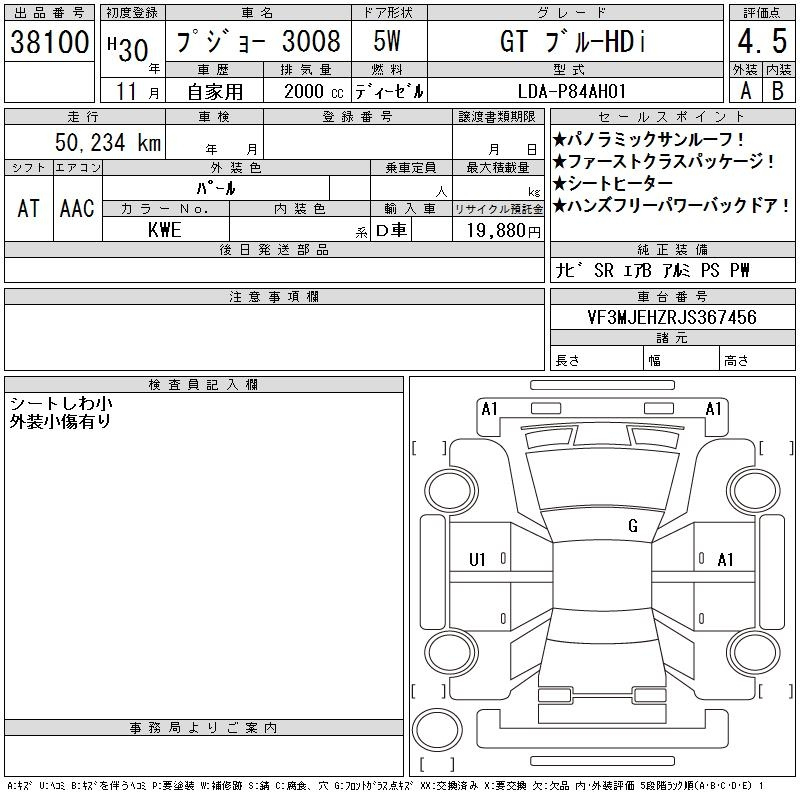 Аукционный лист PEUGEOT 3008 2018