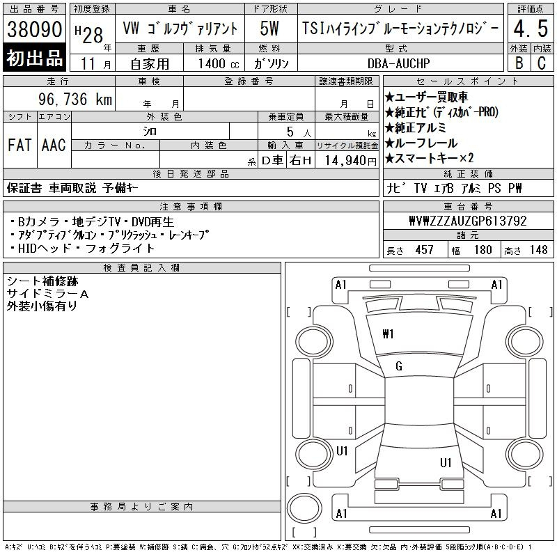 Аукционный лист VOLKSWAGEN GOLF VARIANT 2016