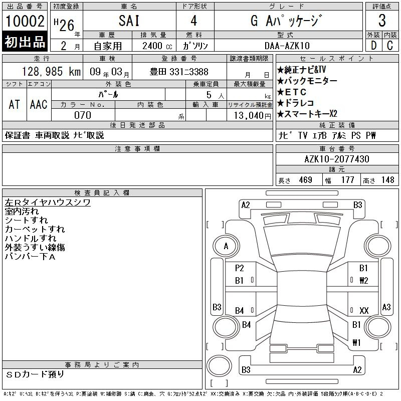 Аукционный лист TOYOTA SAI 2014