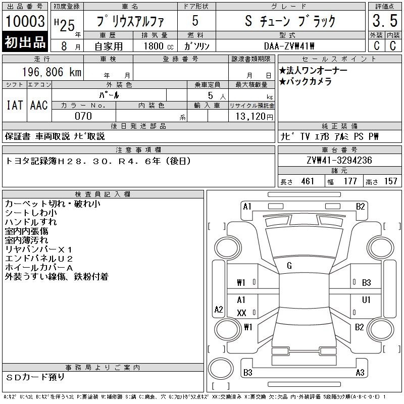 Аукционный лист TOYOTA PRIUS ALPHA 2013