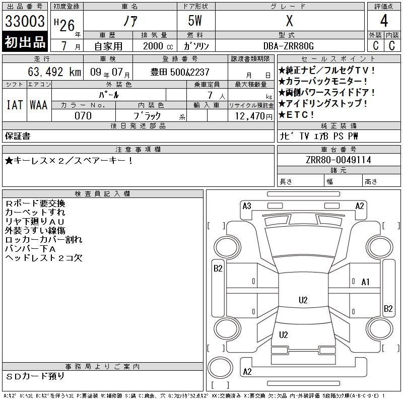 Аукционный лист TOYOTA NOAH 2014