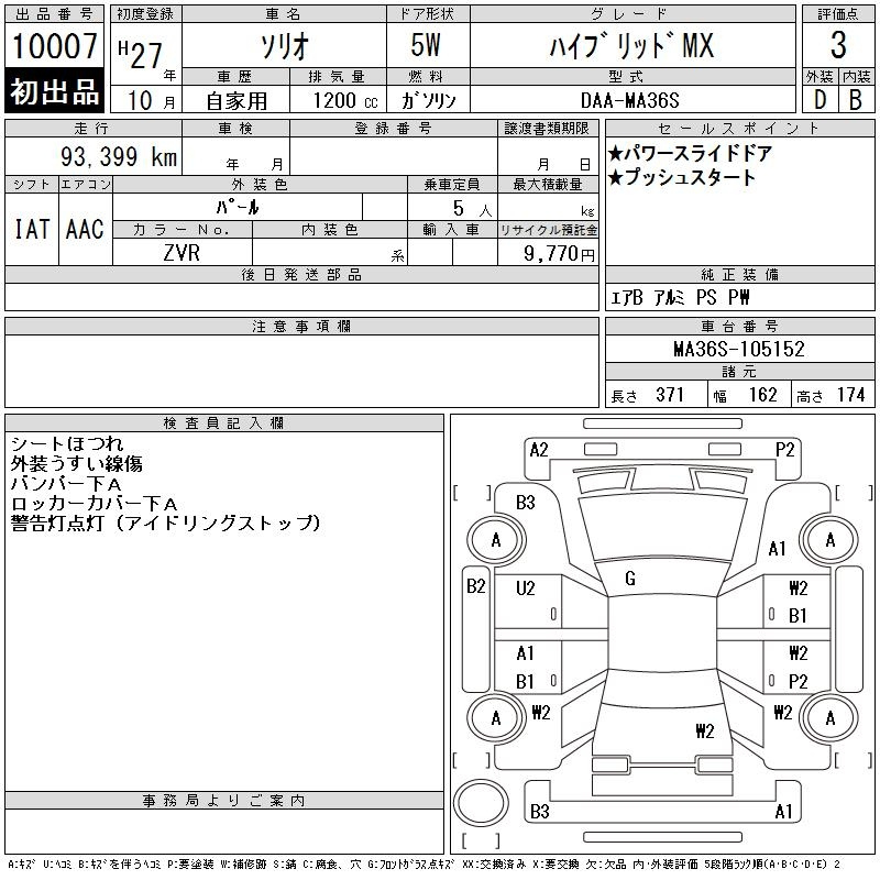 Аукционный лист SUZUKI SOLIO 2015