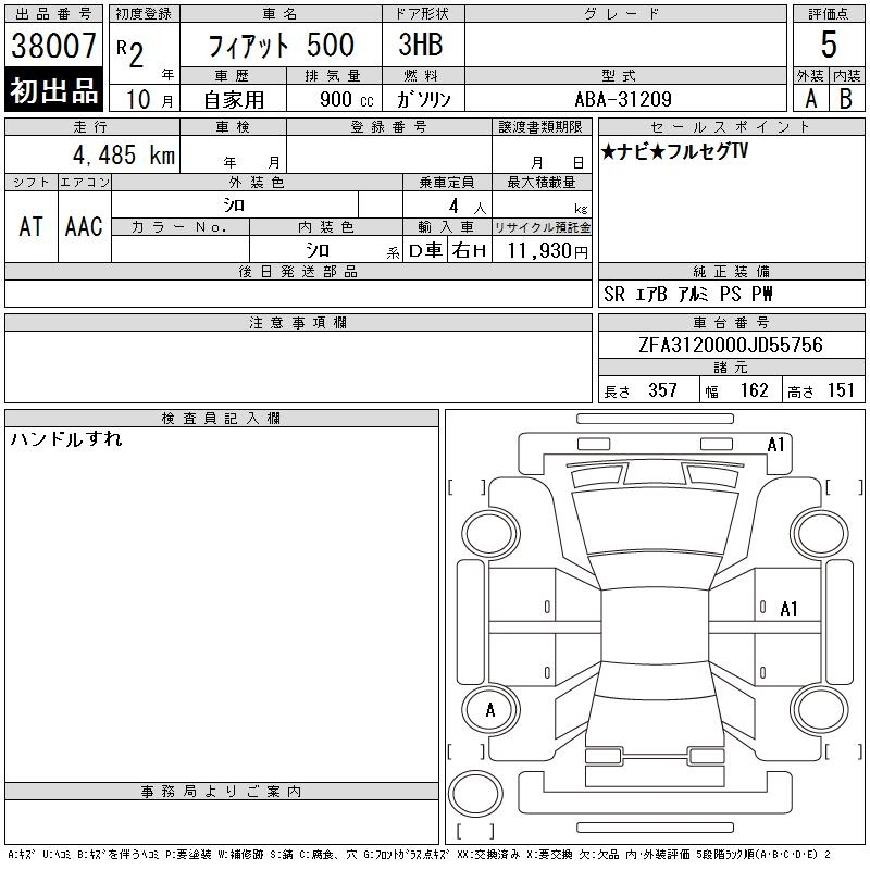 Аукционный лист FIAT 500 2020