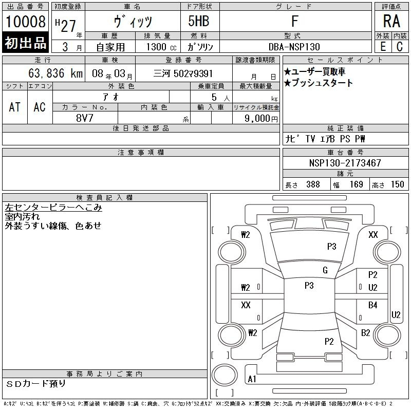 Аукционный лист TOYOTA VITZ 2015