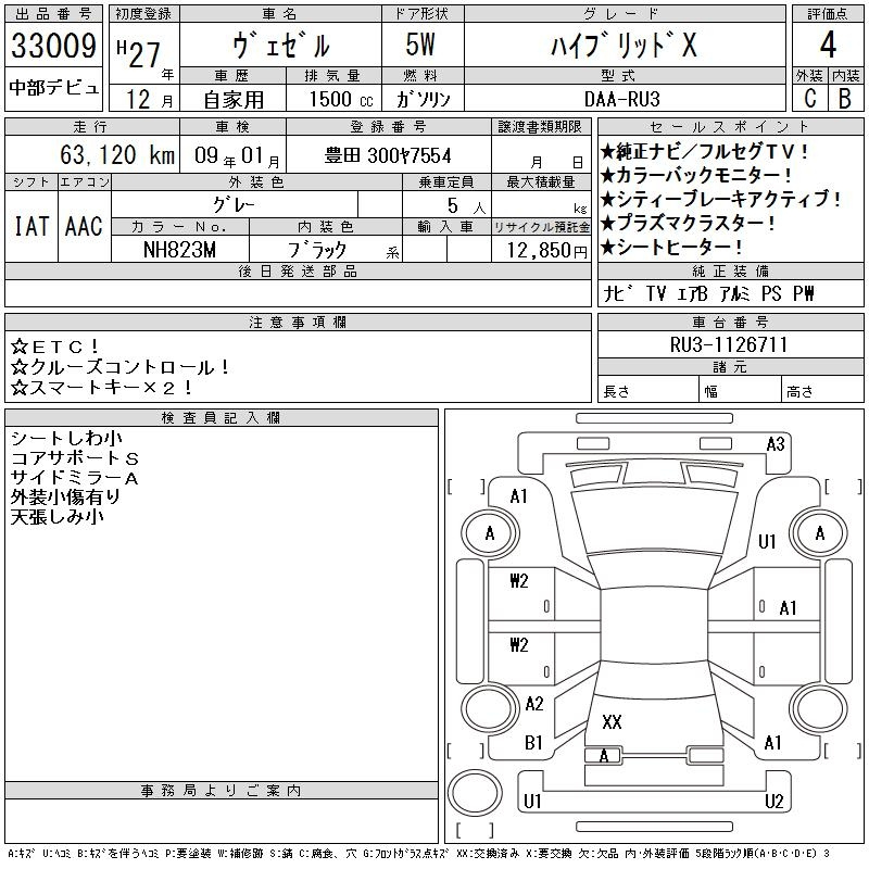 Аукционный лист HONDA VEZEL 2015