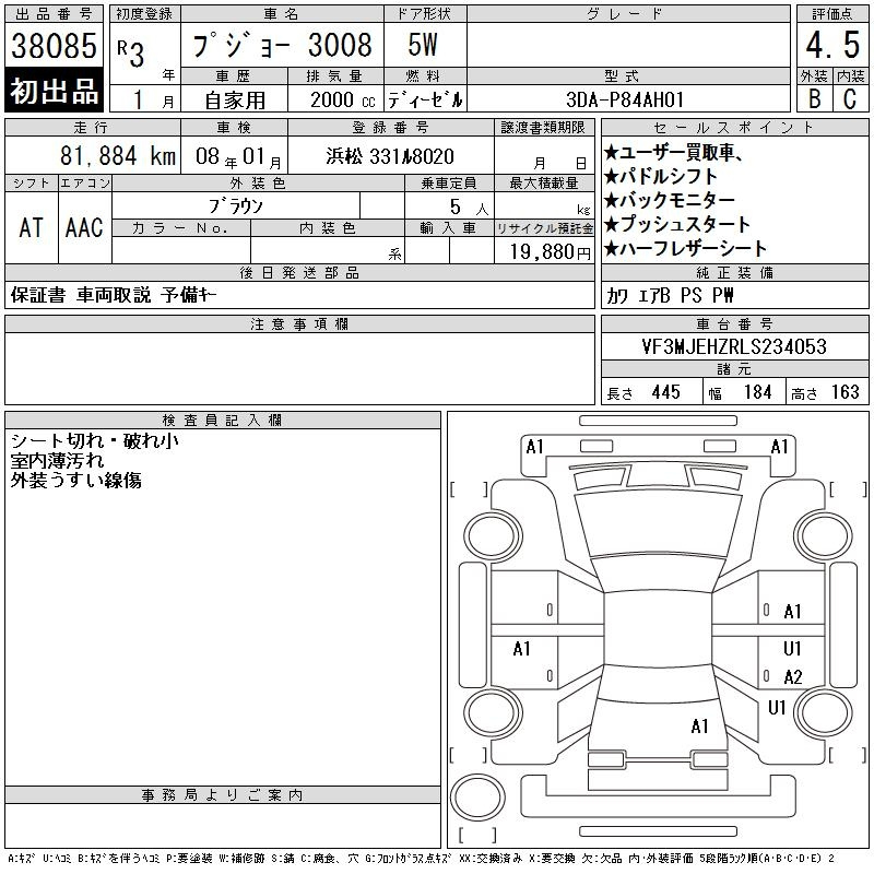 Аукционный лист PEUGEOT 3008 2021