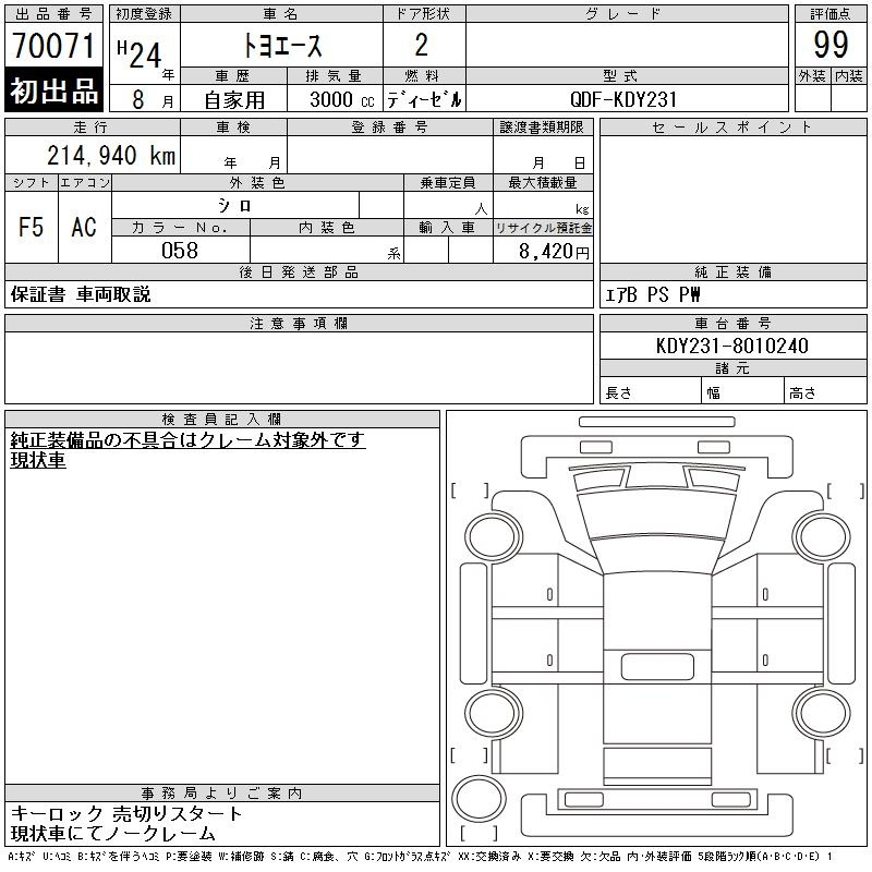 Аукционный лист TOYOTA TOYOACE 2012