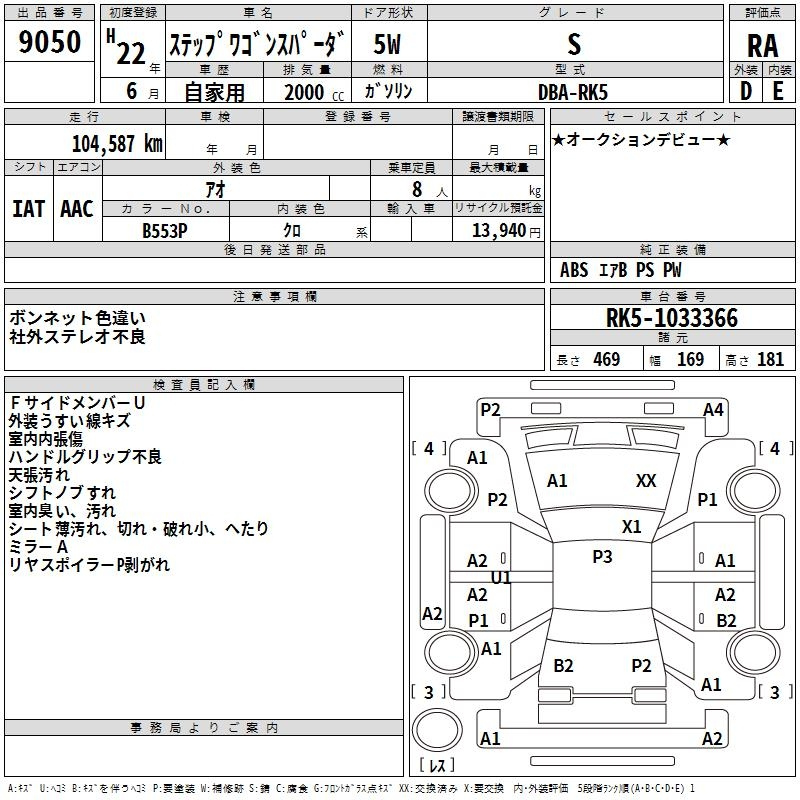Аукционный лист HONDA STEP WAGON 2010