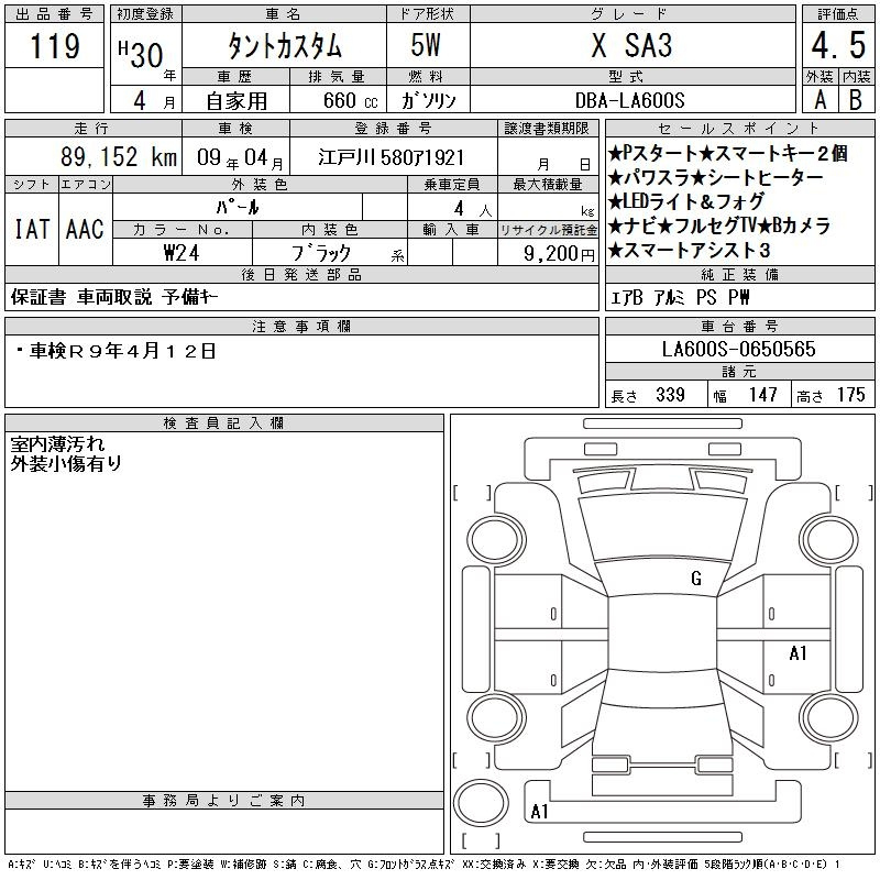 Аукционный лист DAIHATSU TANTO 2018