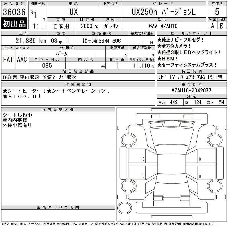 Аукционный лист LEXUS UX 2019