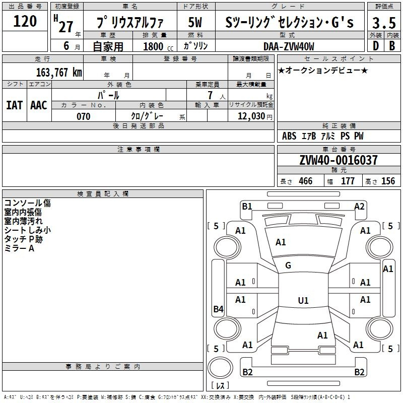 Аукционный лист TOYOTA PRIUS ALPHA 2015