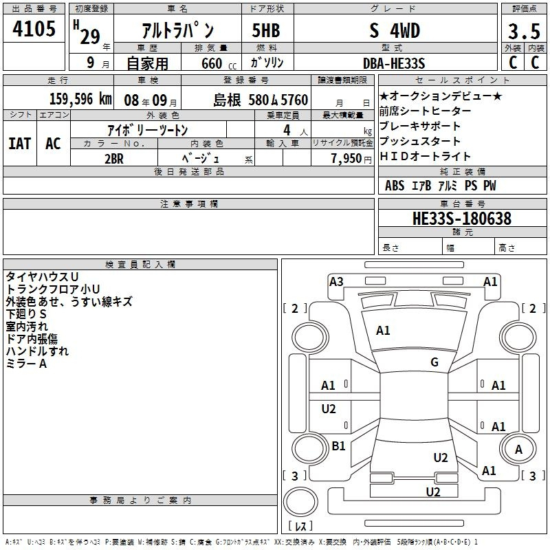 Аукционный лист SUZUKI ALTO LAPIN 2017