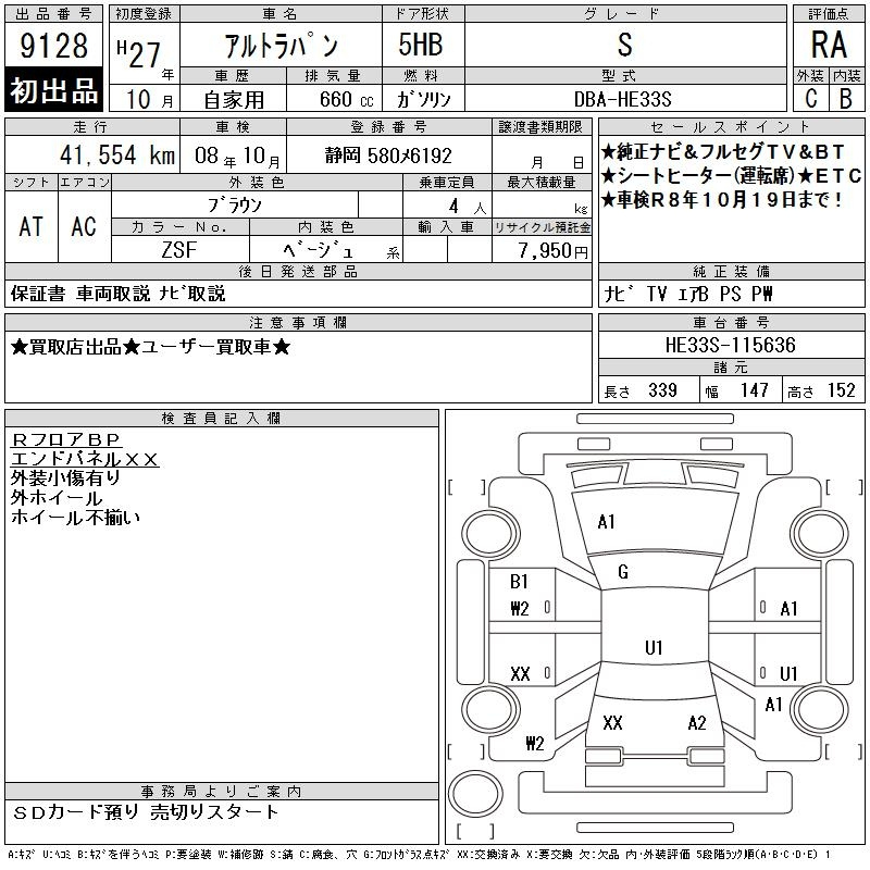 Аукционный лист SUZUKI ALTO LAPIN 2015