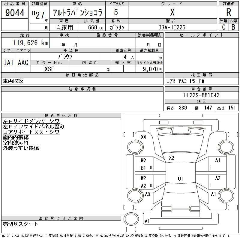 Аукционный лист SUZUKI ALTO LAPIN 2015
