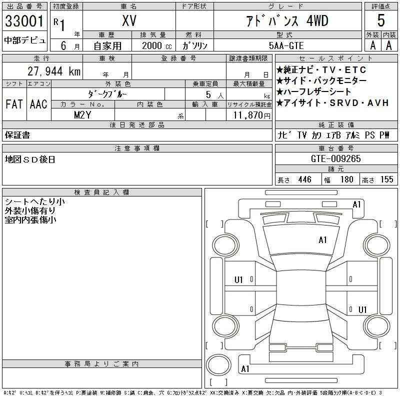 Аукционный лист SUBARU XV 2019