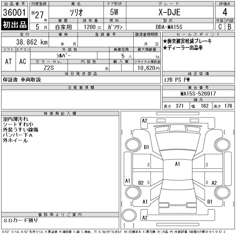 Аукционный лист SUZUKI SOLIO 2015