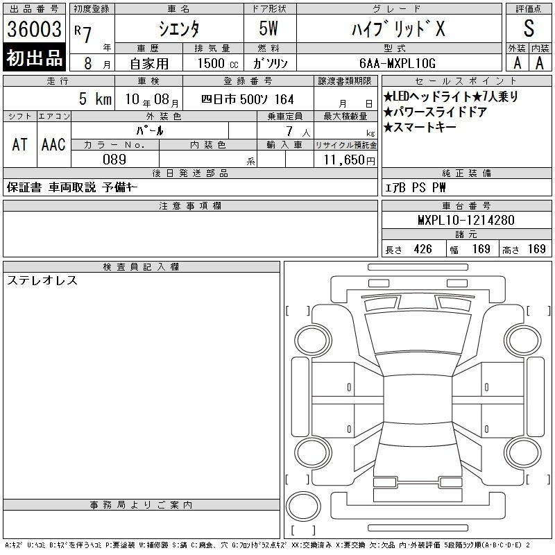 Аукционный лист TOYOTA SIENTA 2025