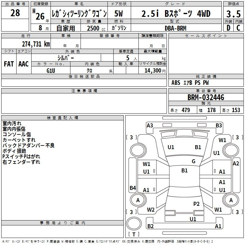 Аукционный лист SUBARU LEGACY 2014