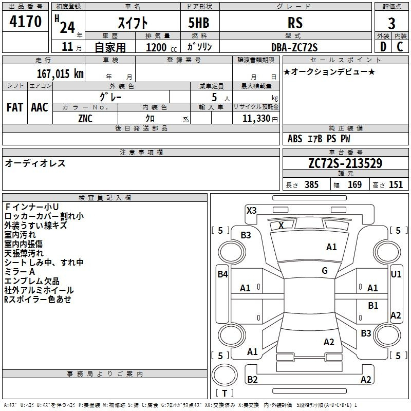 Аукционный лист SUZUKI SWIFT 2012