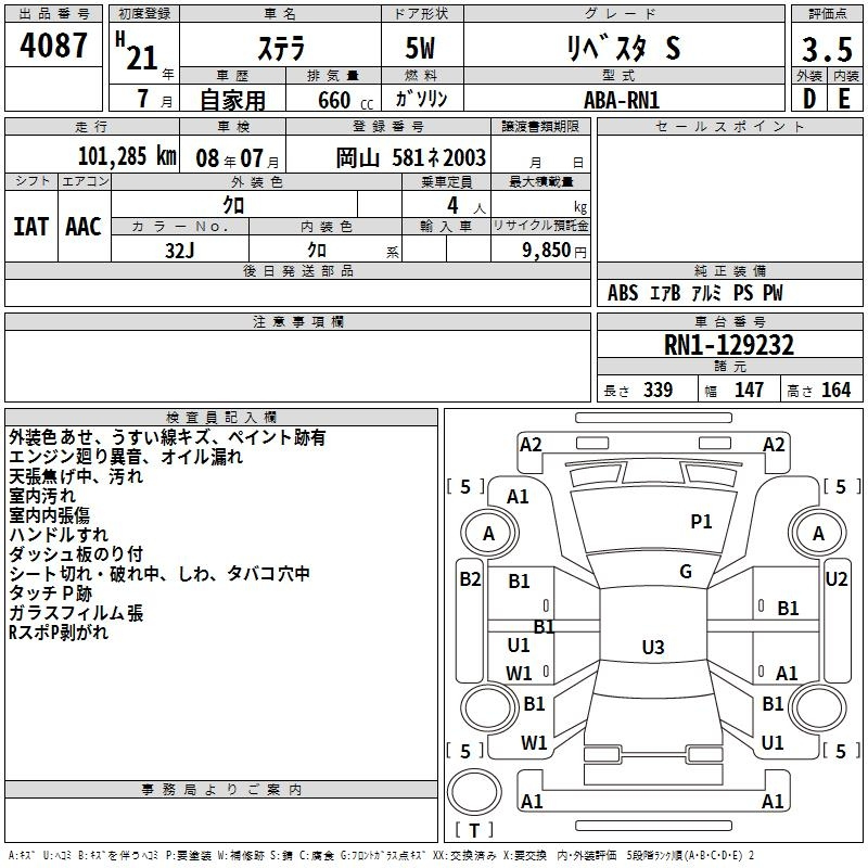 Аукционный лист SUBARU STELLA 2009
